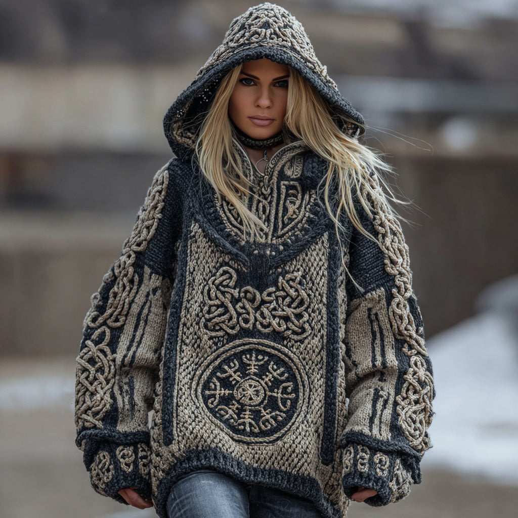 Vegvisir Viking Celtic Runes Knit Jacquard Cozy Hooded Sweater artswardrobe