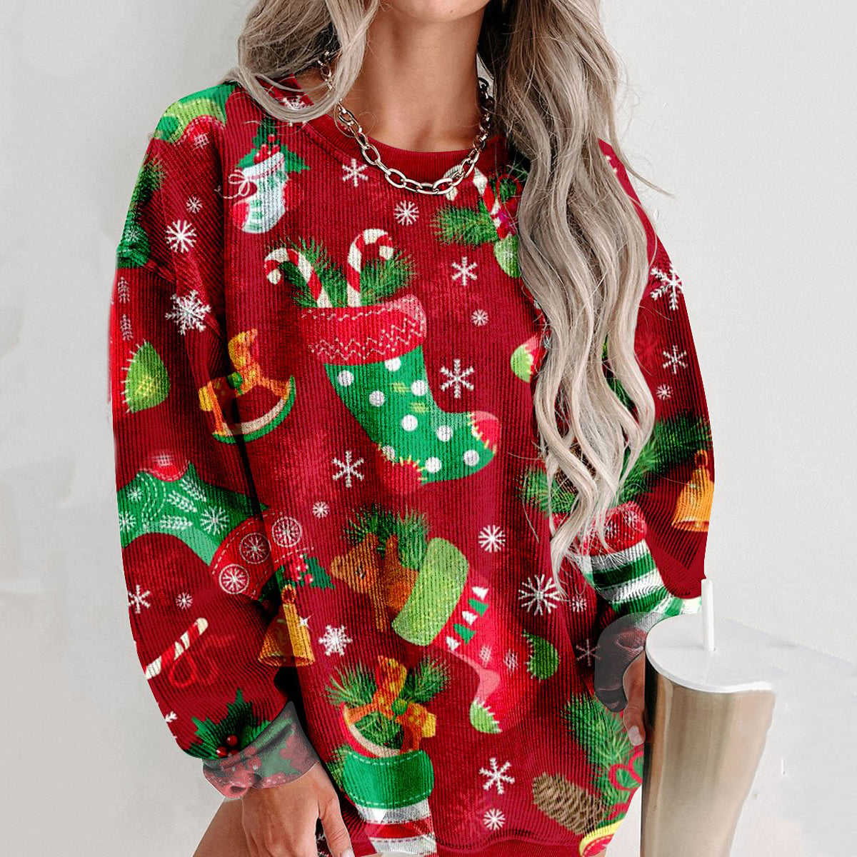 Comstylish Christmas Print Crew Neck Casual Sweatshirt
