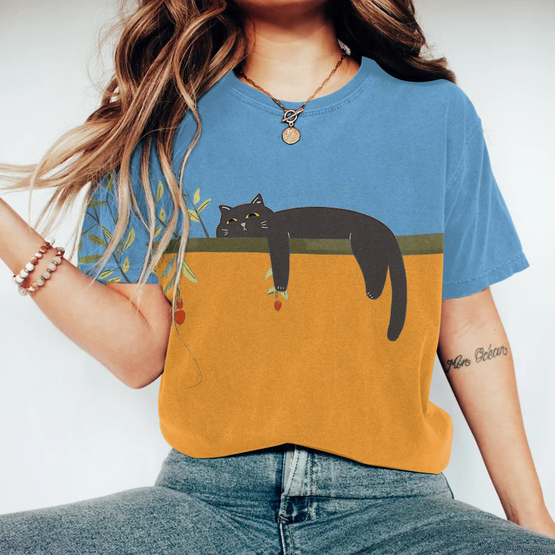 Abstract Creative Floral Lazy Black Cat Painting Art T-Shirt elevenforest