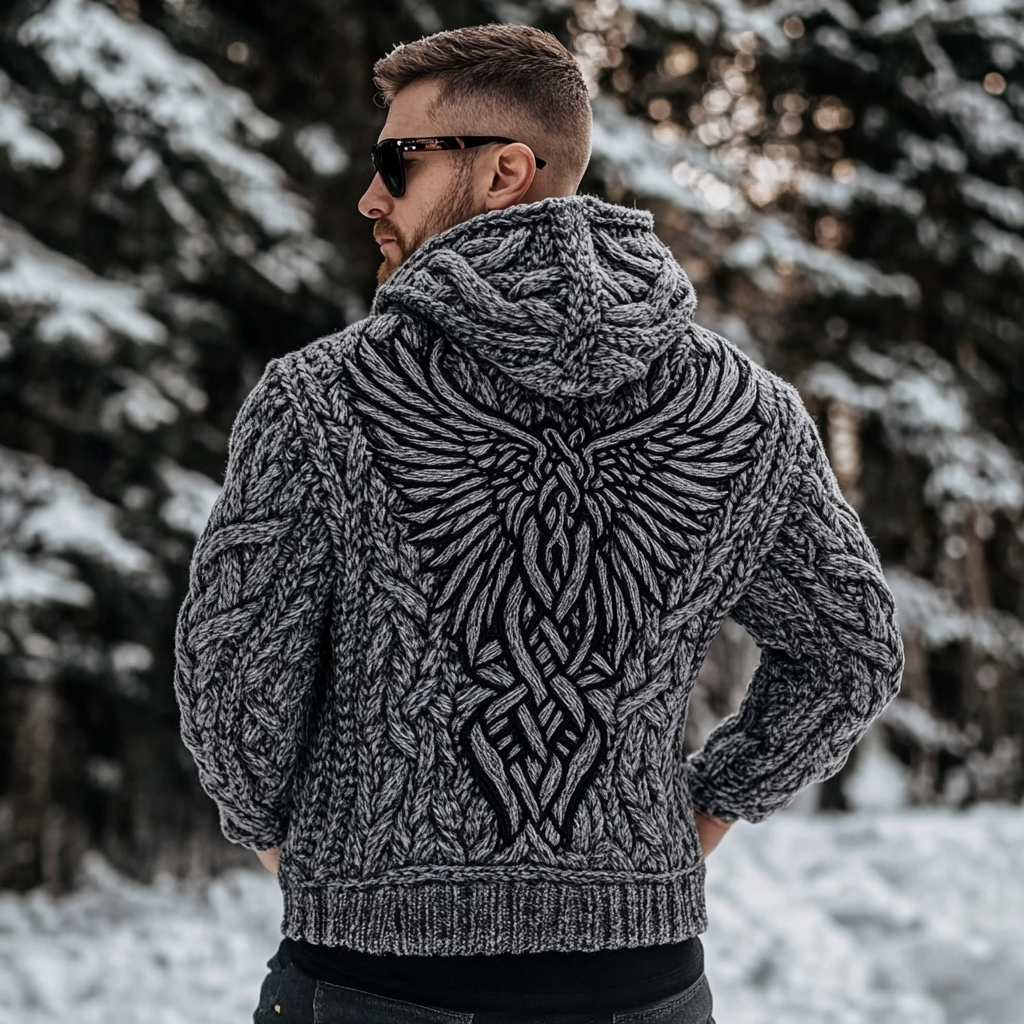 Men's Viking Tribal Wings Celtic Knit Cozy Hooded Sweater artswardrobe