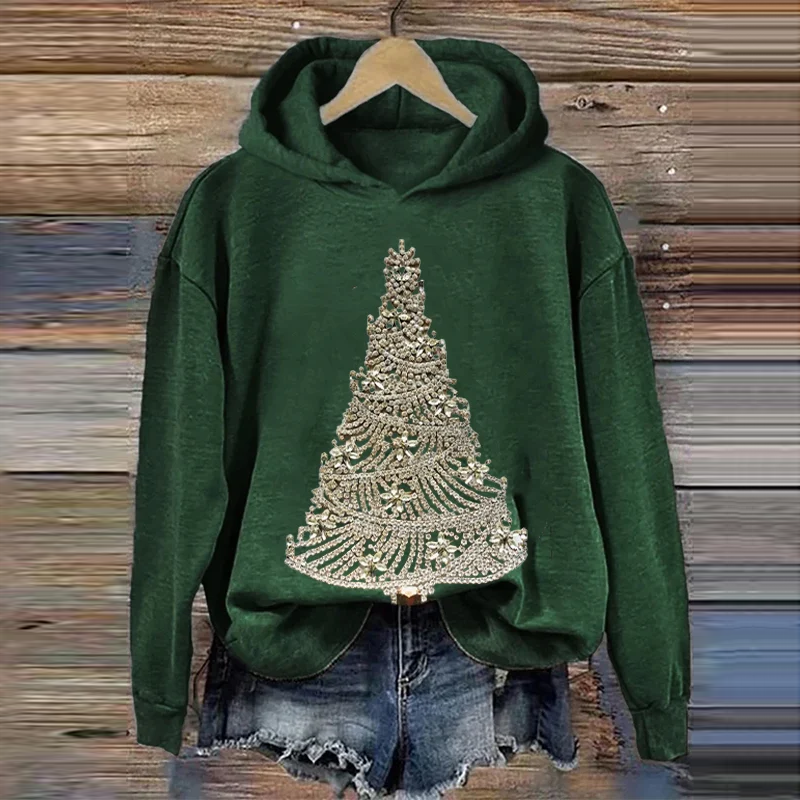 Comstylish Women's Christmas Tree Art Print Casual Hoodie