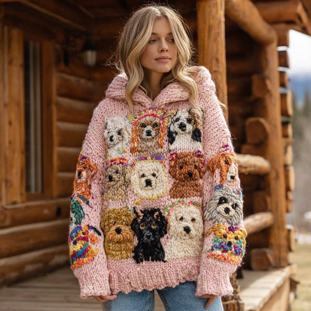 Women's Colorful Puppy Pattern Cozy Chunky Knit Hooded Sweater artswardrobe