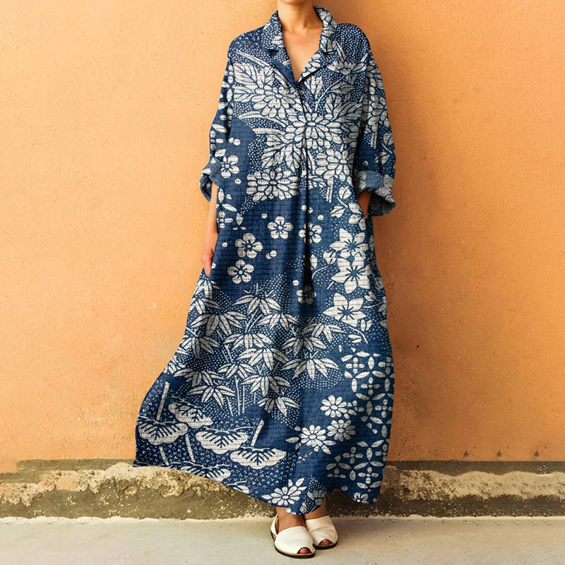 Comstylish Vintage Japanese Art Flower Print Lapel Loose Maxi Dress