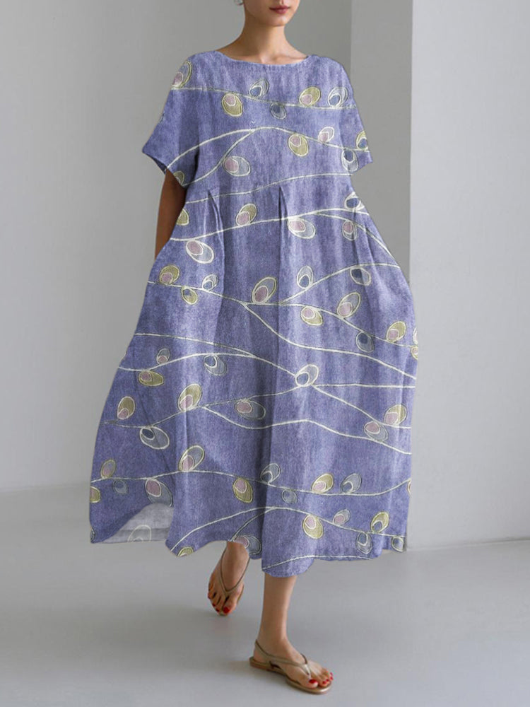 Gold Trimmed Peacock Shaped Vineman Floral Art Linen Maxi Dress