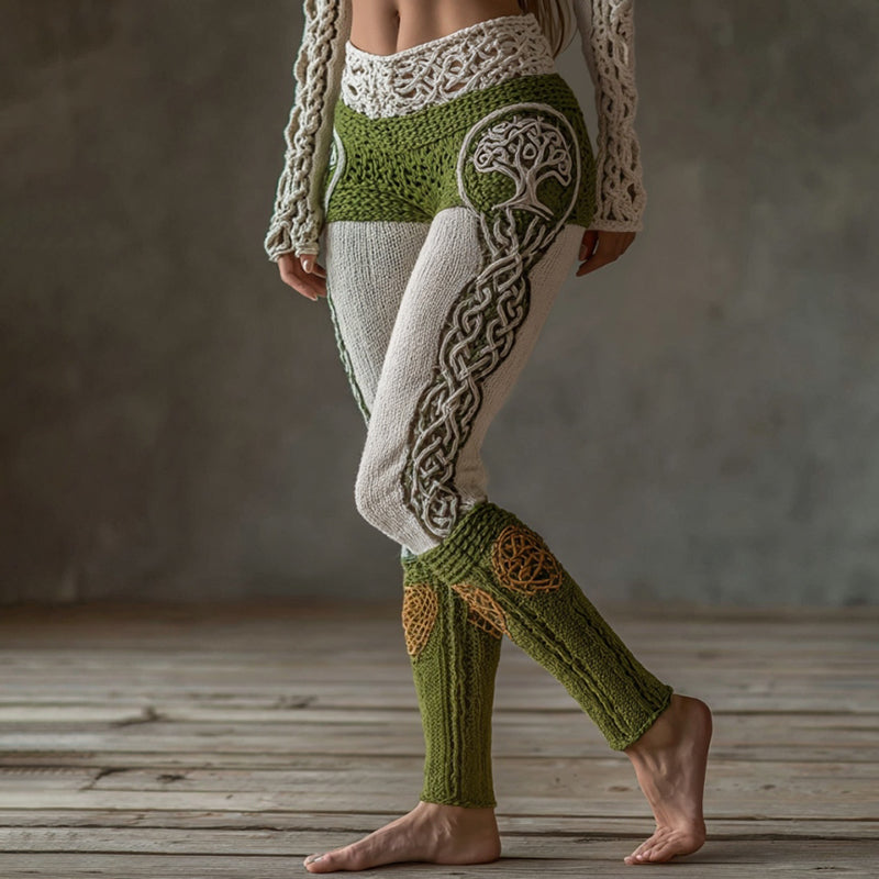 Vintage Viking Tree Of Life Celtic Knot Art Knit Jacquard Cozy Leggings artswardrobe
