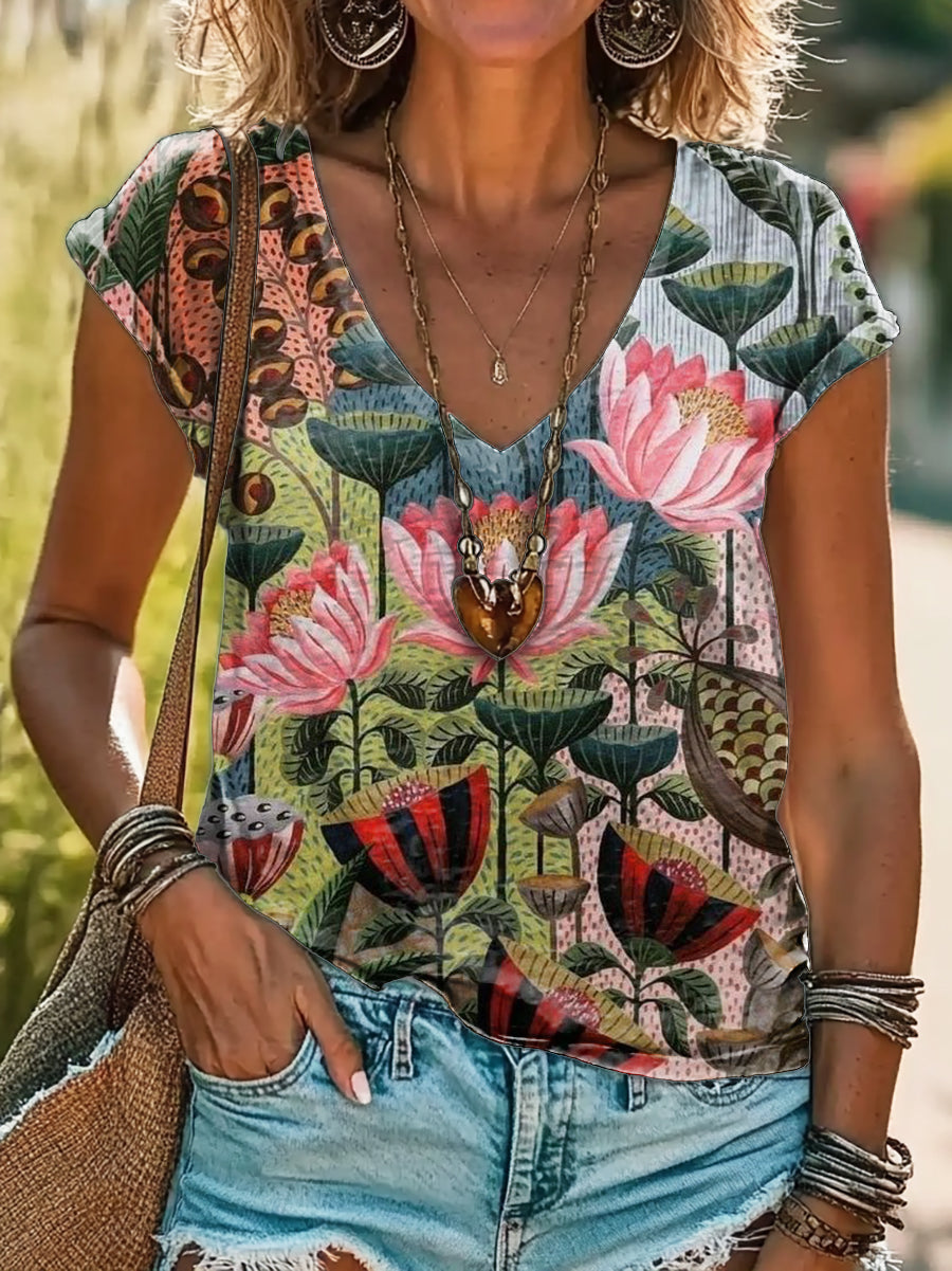 Colorful Flower Print 100%Cotton V-neck T-Shirt