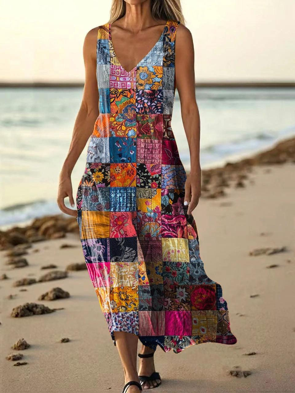 Women's Vintage Floral Patchwork Art Print Pocket Cotton Dress