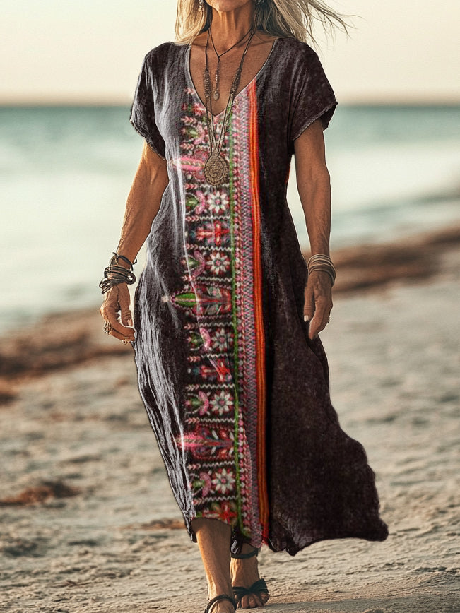 Women's Bohemian Floral Art Print Pocket Cotton Dress