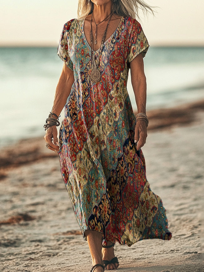 Women's Retro Ethnic Collage Art Pattern Print Pocket Cotton Dress