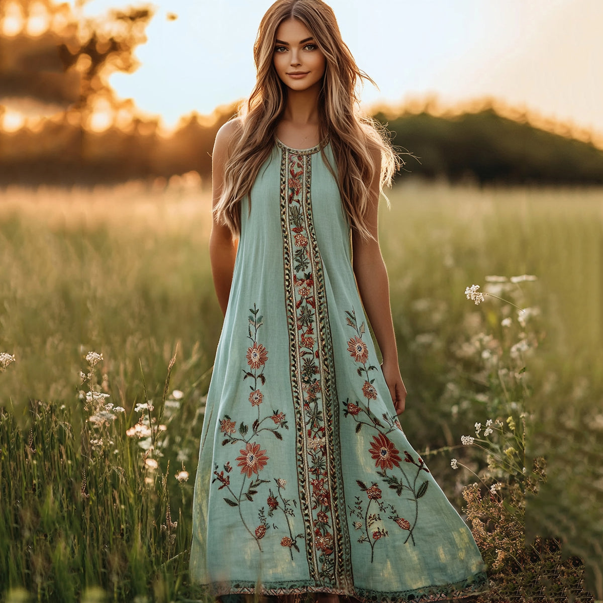 Retro Bohemian Floral Art Linen Comfy Tank Dress artswardrobe