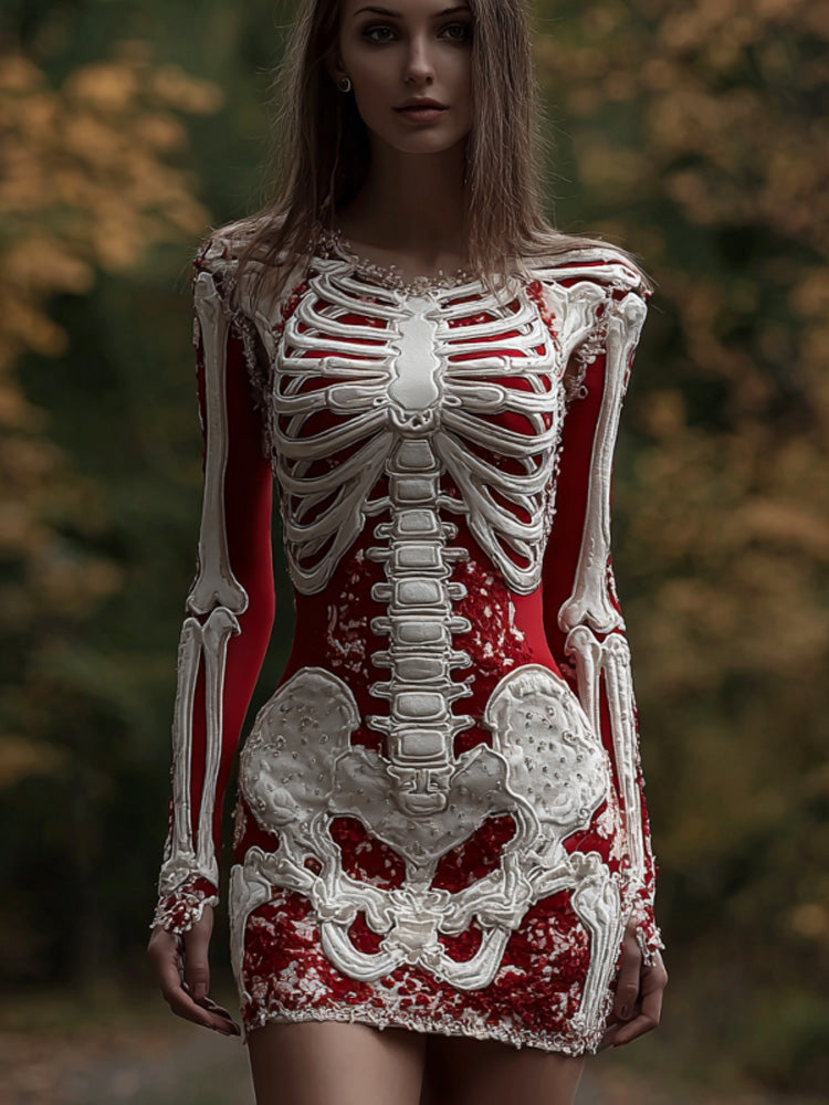 Comstylish Women's Halloween Skeleton Floral Embroidered Dress