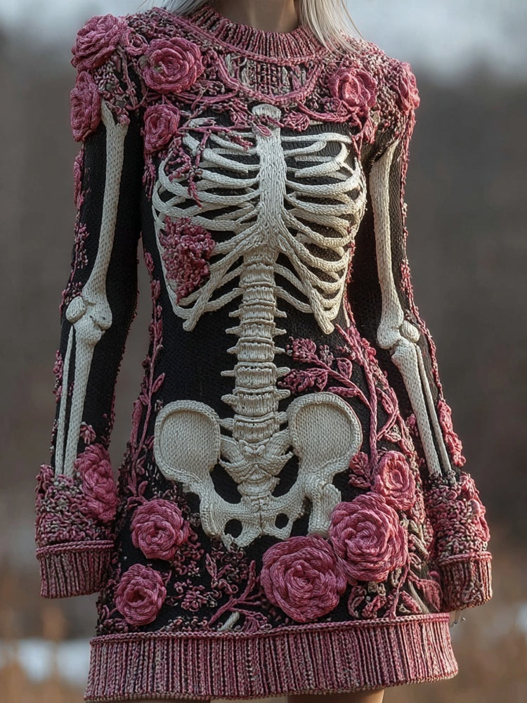Comstylish Vintage Skeleton Roses Crew Neck Comfy Sweater Dress