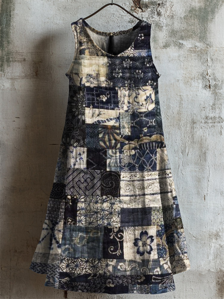 Comstylish Vintage Japanese Patchwork Linen Tank Dress