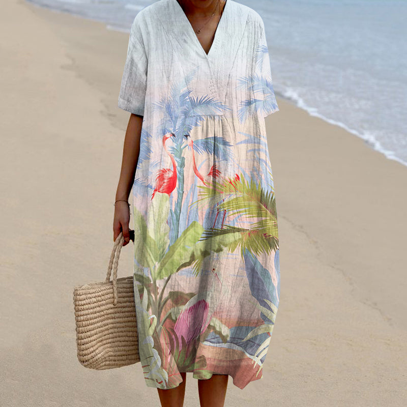 Comstylish Vintage Hehe Short-Sleeved V-Neck Cotton And Linen Dress