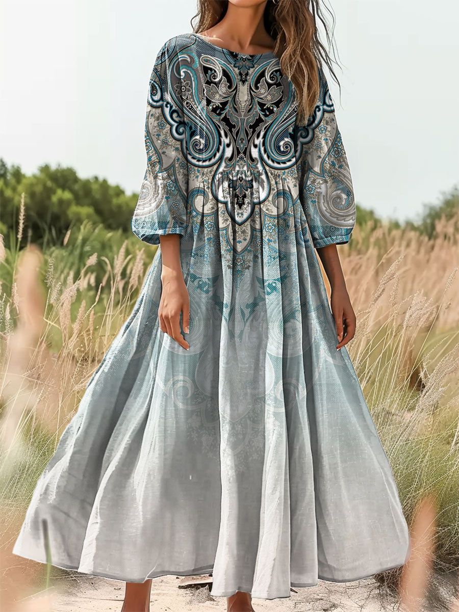 Women's Ethnic Totem Print Flowing Round Neck Pocket Cotton Dress