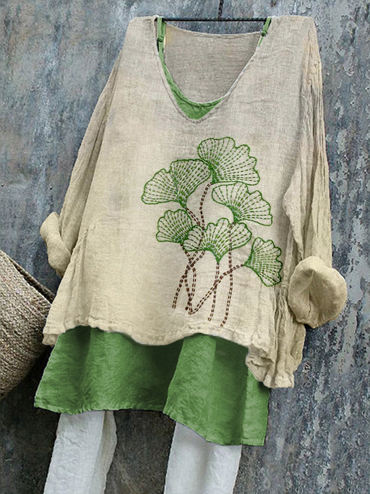 Comstylish Ginkgo Leaf Embroidered Vintage Linen Shirt