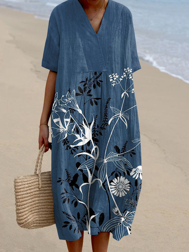 Vintage Floral Art Printed V Neck Casual Midi Dress