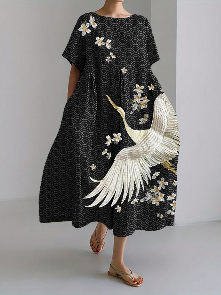 Comstylish Crane & Flowers Embroidered Sea Waves Japanese Linen Blend Maxi Dress