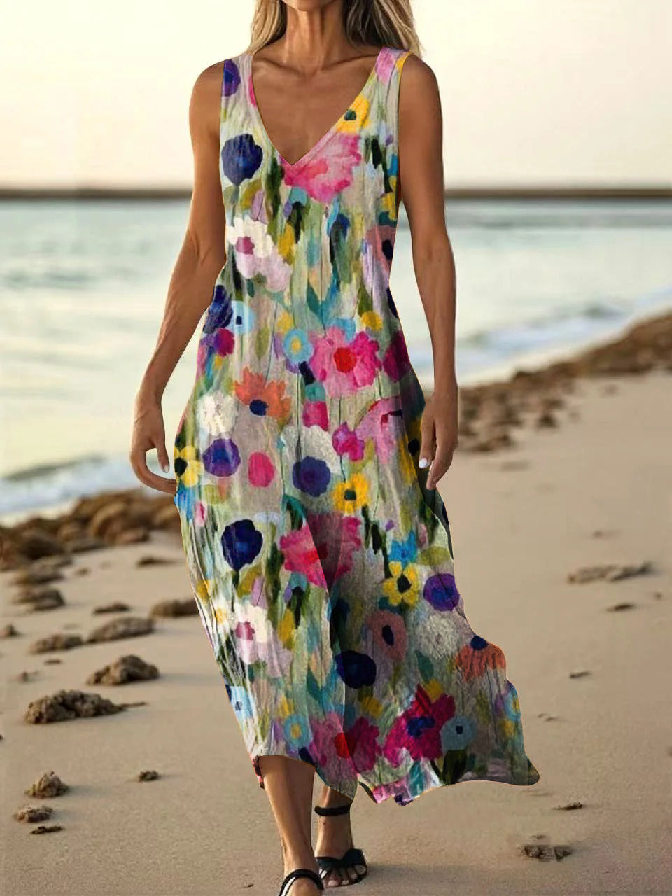 Women's Vintage Floral Art Print Pocket Cotton Dress