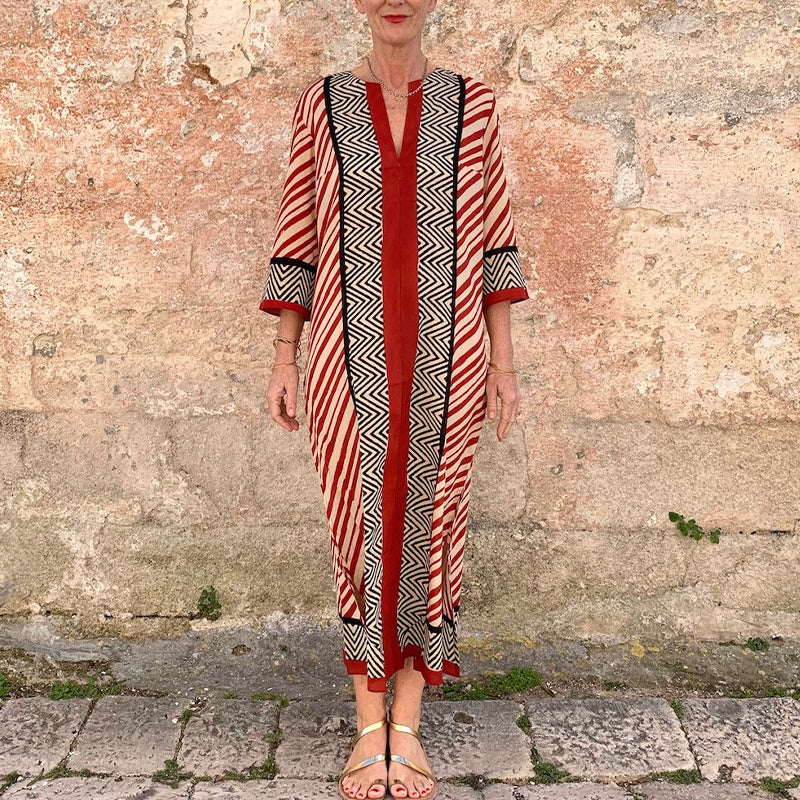 Comstylish Abstract Art Striped Print Linen Blend Dress