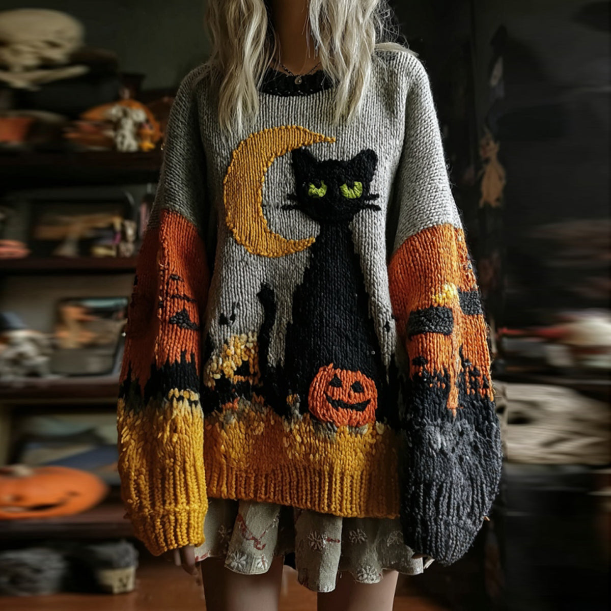 Halloween Black Cat And Pumpkin Art Patch Cozy Knit Sweater artswardrobe