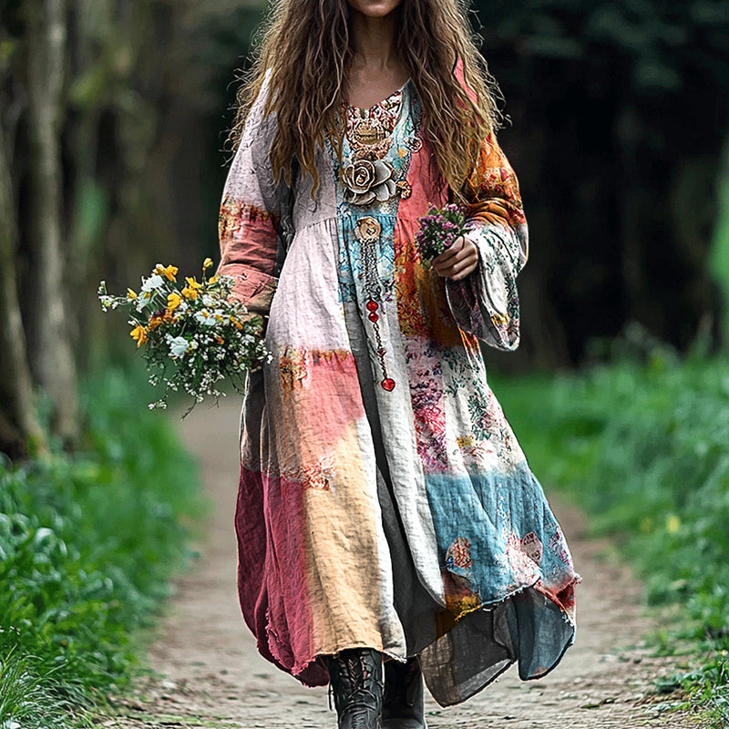 Comstylish Women's Vintage Bohemian Floral Patch V-neck Cotton And Linen Dress