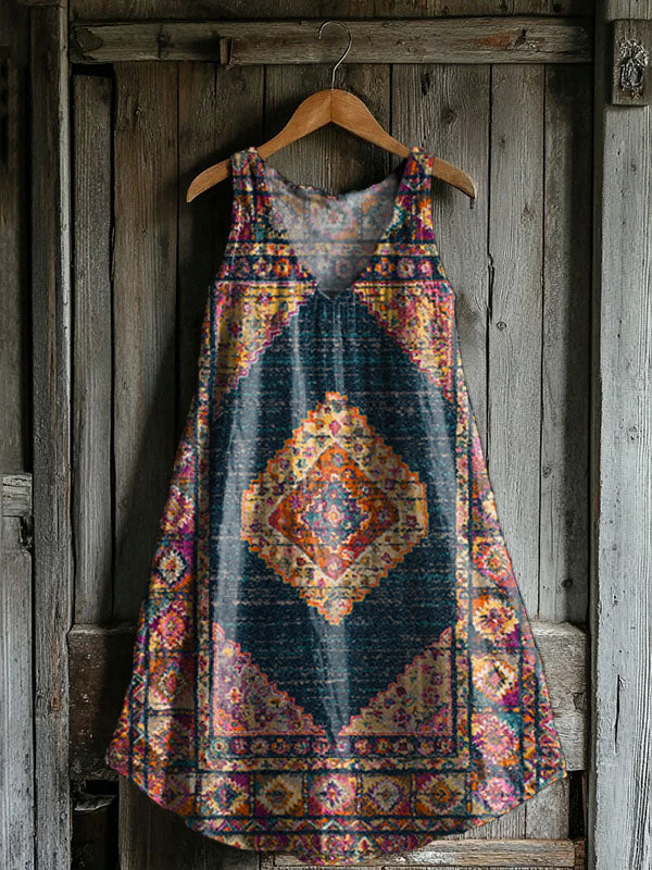 Women's Ethnic Tattoo Art Print V-Neck Pocket Cotton Dress