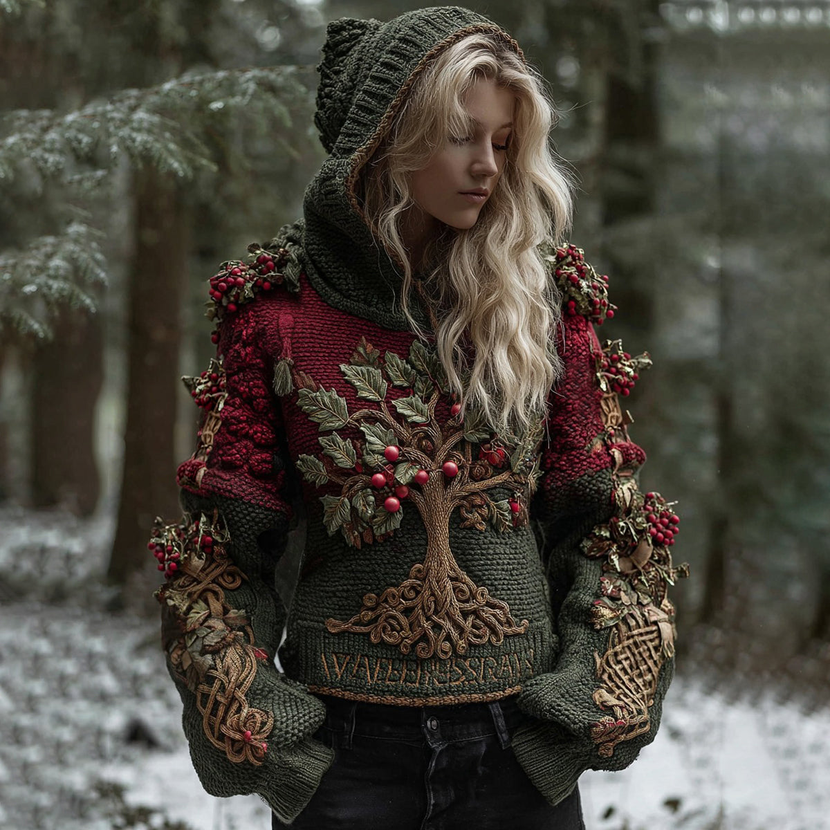 Comstylish Women's Celtic Tree Of Life Christmas Tree Knit Colorblock Hooded Sweater