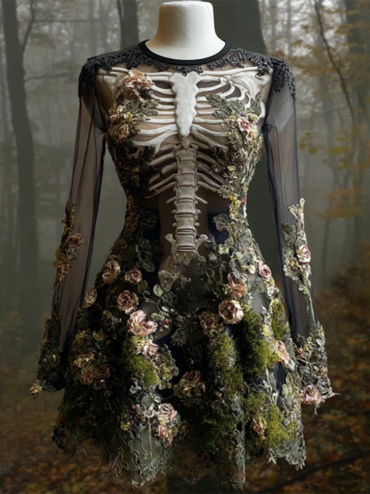 Comstylish Women's Halloween Skull Flowers Moss Witch Midi Dress