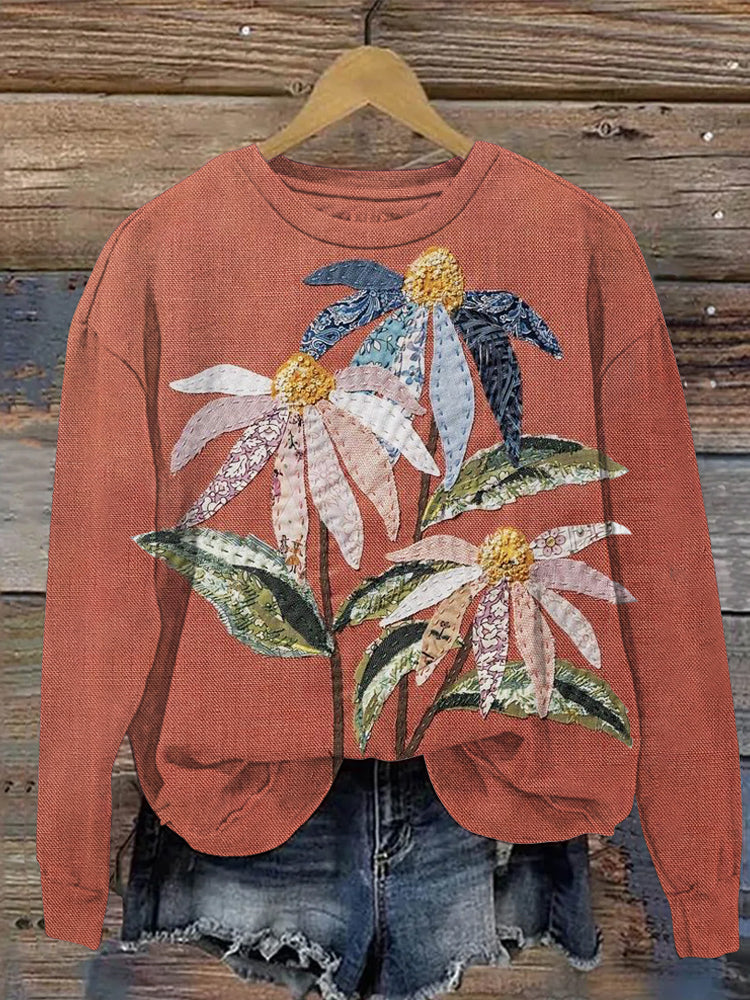 Comstylish Wild Daisy Flower Applique Embroidery Art Women's Casual Sweatshirt