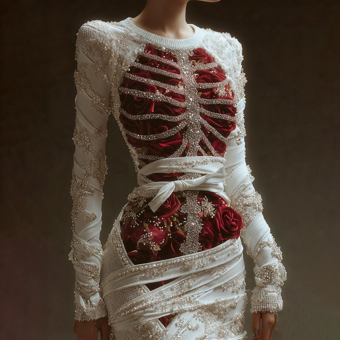 Comstylish Women's Vintage Skeleton Bones With Rose Art Cozy Knit Mini Sweater Dress