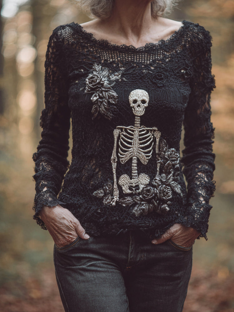 Comstylish Women's Halloween Skeleton Rose Lace Edge Round Neck Sweater
