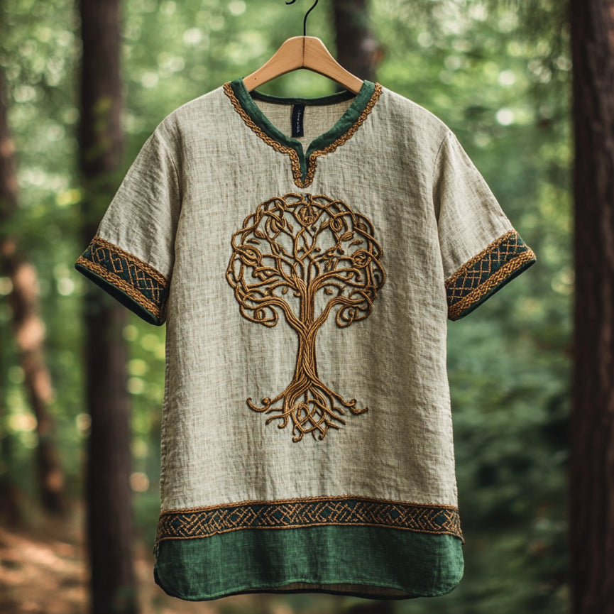 Men's Viking Tribal Tree Of Life With Celtic Art Linen T-shirt artswardrobe
