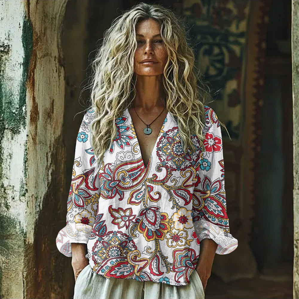 Retro Paisley Art Print Cotton And Linen V-neck Loose Shirt artswardrobe