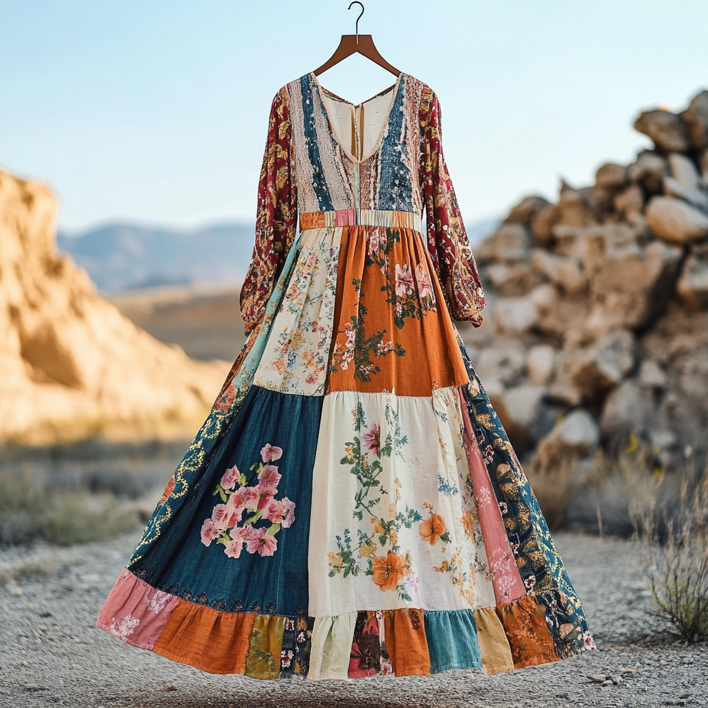 Comstylish Women's Vintage Bohemian Applique Art Cotton And Linen Dress