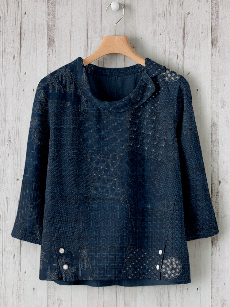 Comstylish Japanese Traditional Sashiko Art Linen Blend Comfy Tunic