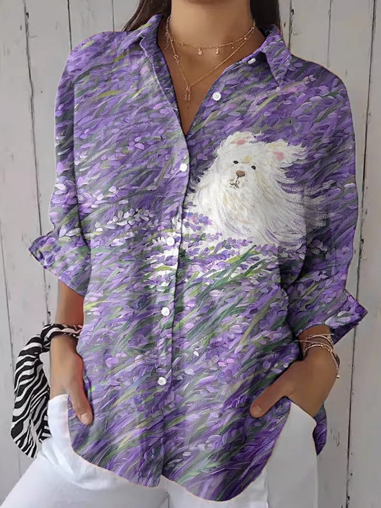 Comstylish Women's Casual Lavender Field Puppy Alzheimer's Awareness Print Shirt