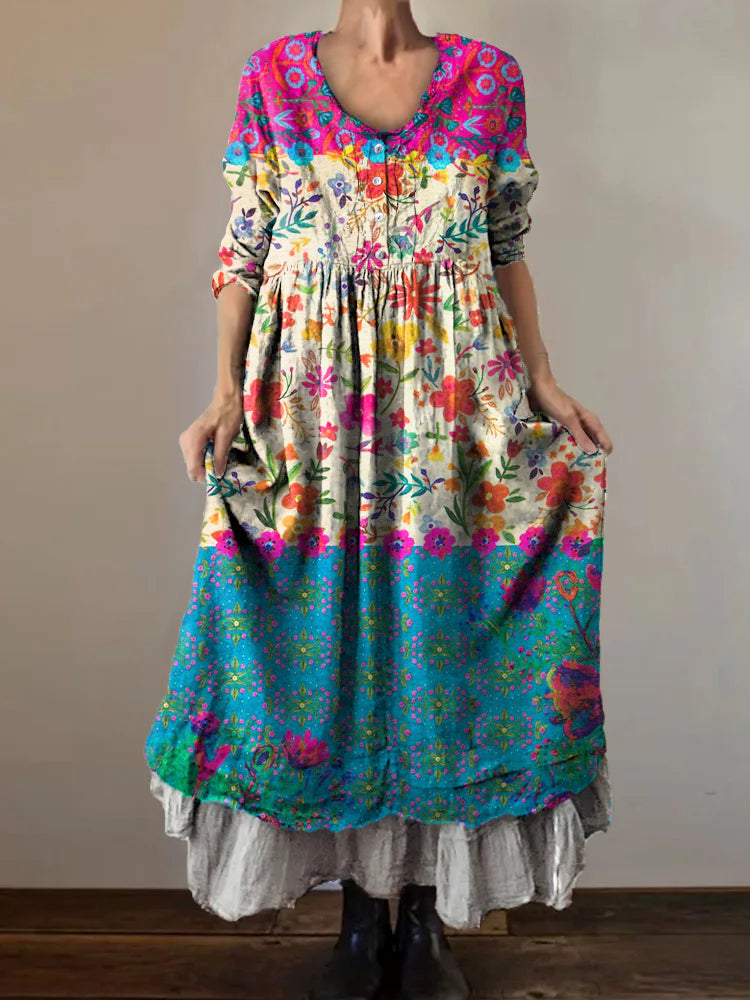 Women's Vintage Floral Patchwork Art Print V-Neck Button Pocket Cotton