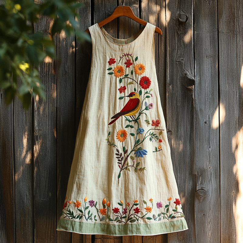 Comstylish Women's Vintage Birds & Floral Embroidery Art Sleeveless Midi Dress