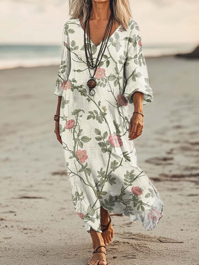 Women's Floral Print Art Print Pocket Cotton Dress