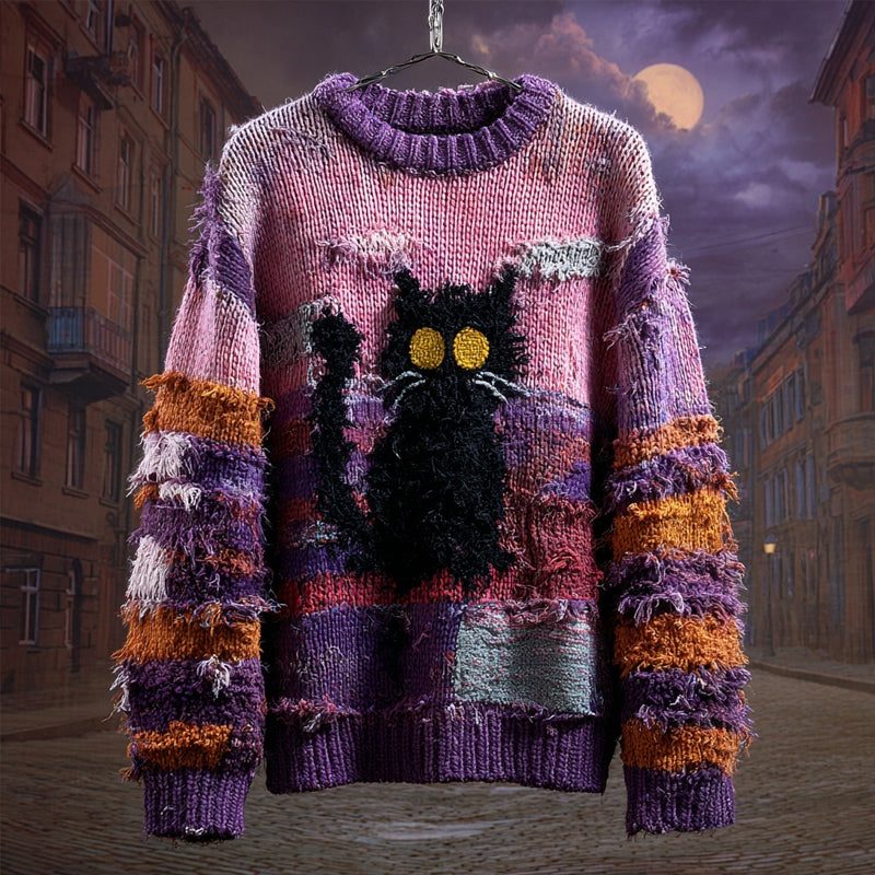 Halloween Black Cat Embroidered Patchwork Cozy Knitted Sweater elevenforest