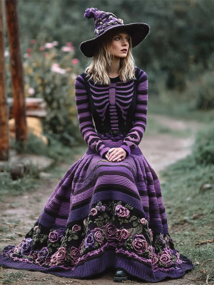 Comstylish Halloween Dark Striped Floral Art Women's Crew Neck Knit Maxi Dress