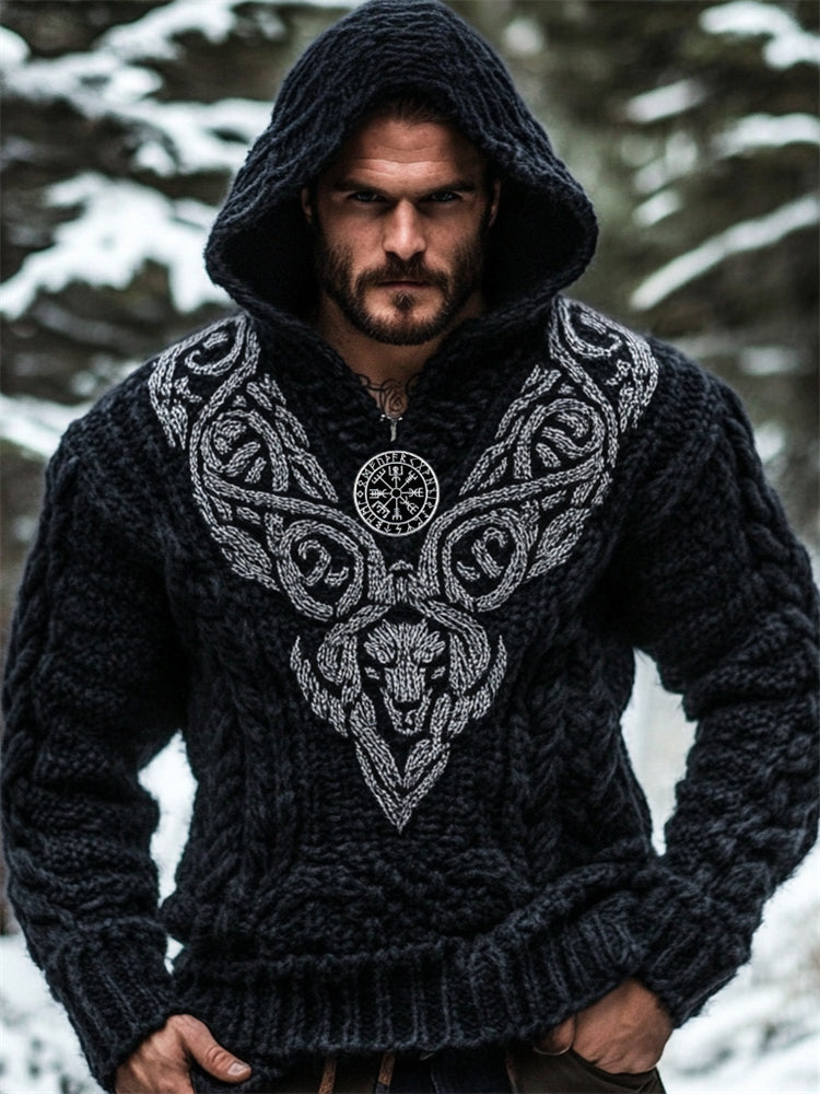 Men's Viking Vegvisir Wolf Celtic Chunky Hooded Sweater artswardrobe
