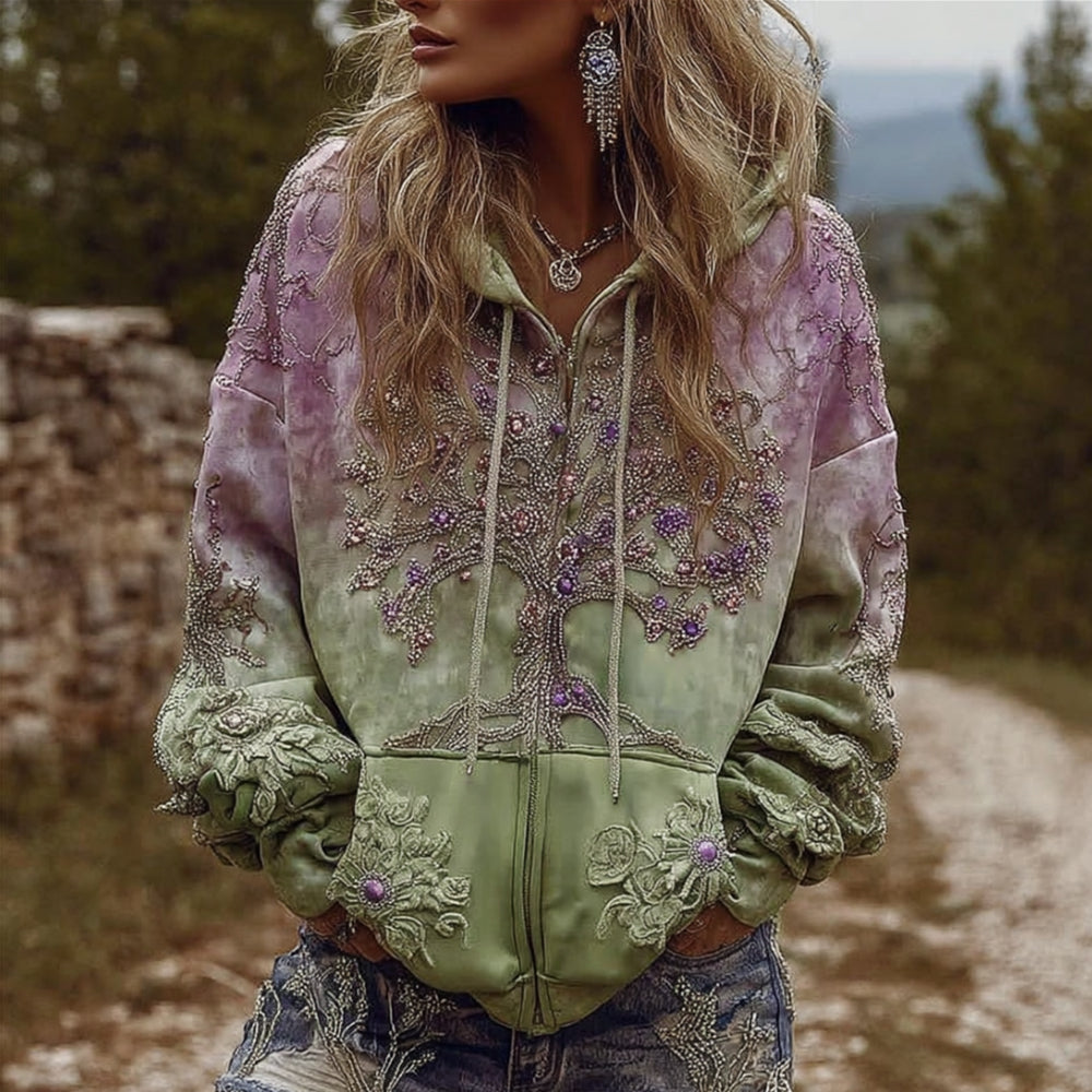 Comstylish Women's Viking Style Life Tree Bead String Tie Dye Cardigan Hoodie