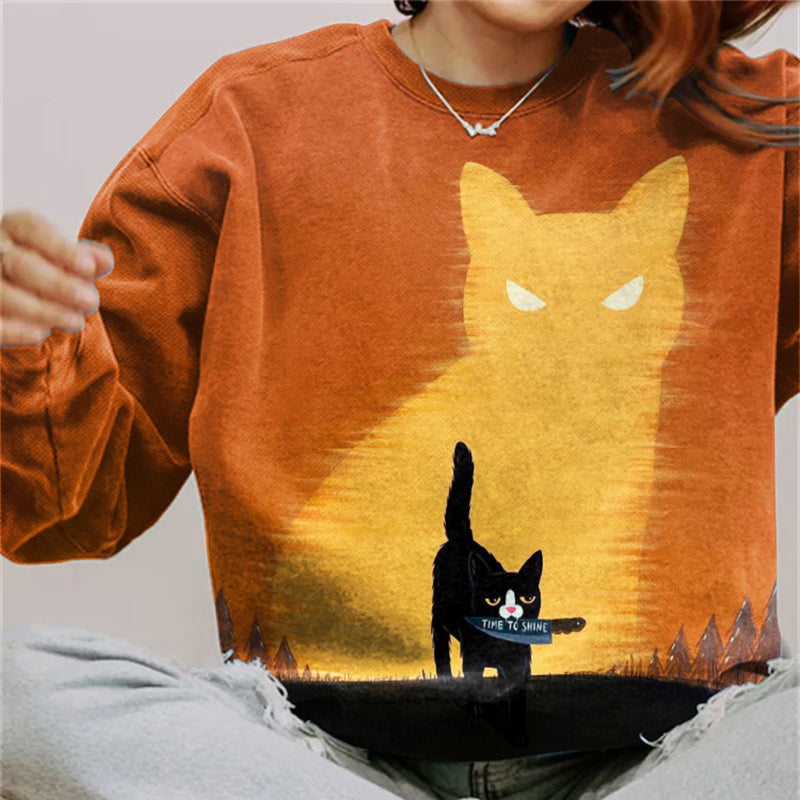 Time To Shine Cat Print Sweatshirt elevenforest