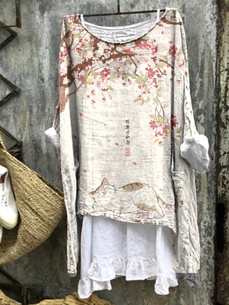 Comstylish Vintage Floral&Cat Print Linen Crew Neck Shirt