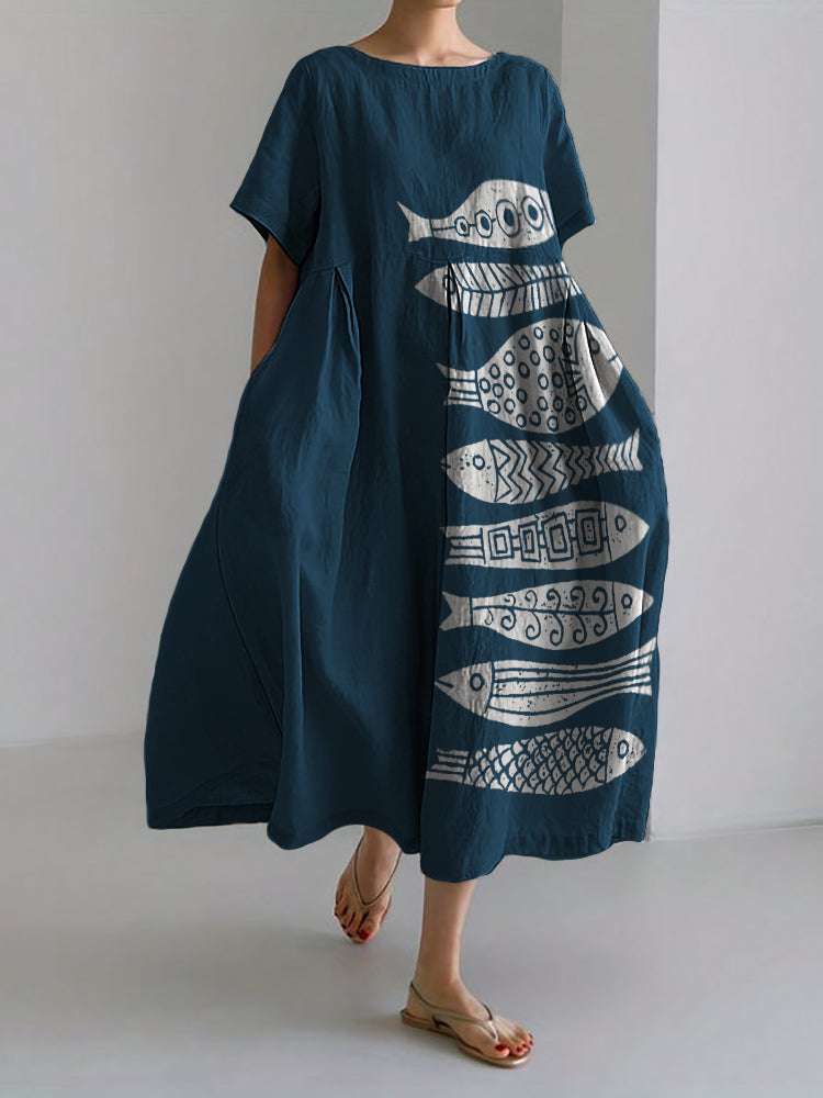 Comstylish Fish Japanese Lino Art Flowy Linen Blend Maxi Dress