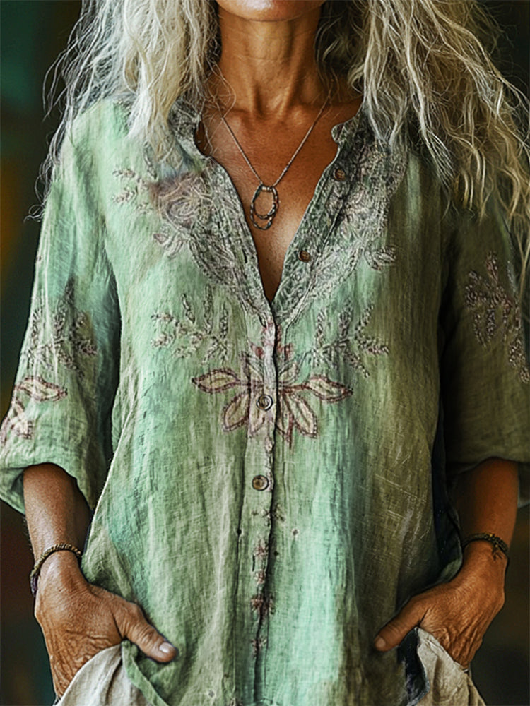 Women's Floral Tattoo Pattern Art Print Casual Cotton Linen Shirt