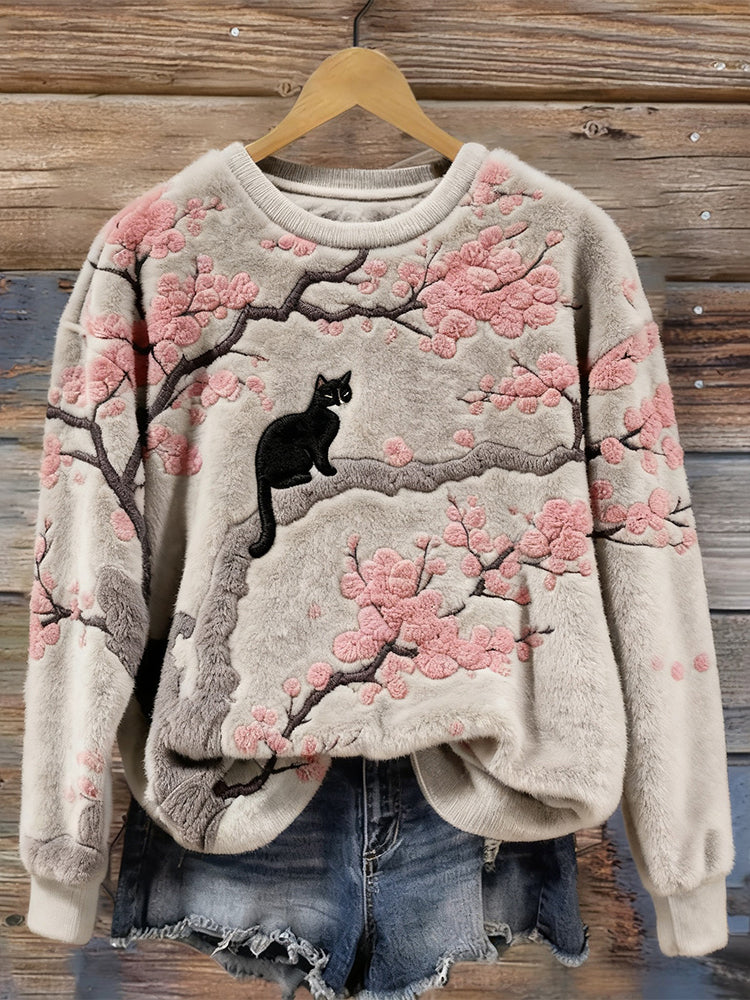 Comstylish Cute Cat & Cherry Blossom Embroidered Plush Sweatshirt