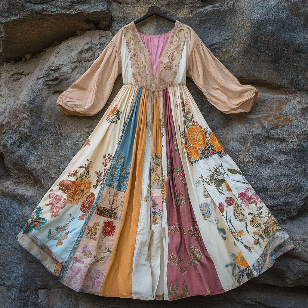 Women's Vintage Floral Applique Art V-neck Dress artswardrobe